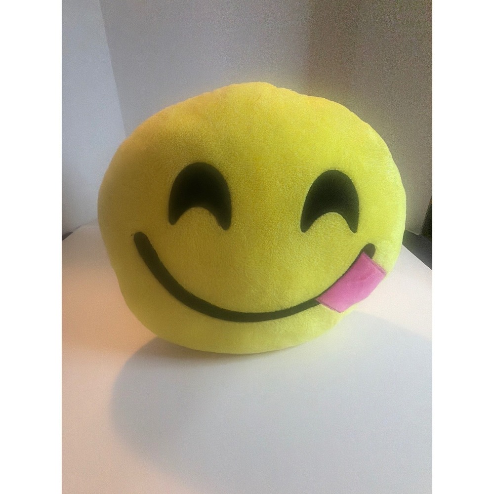 Plush Smiley Face Pillow Tongue Out Emoji Round Stuffed Toy Accent